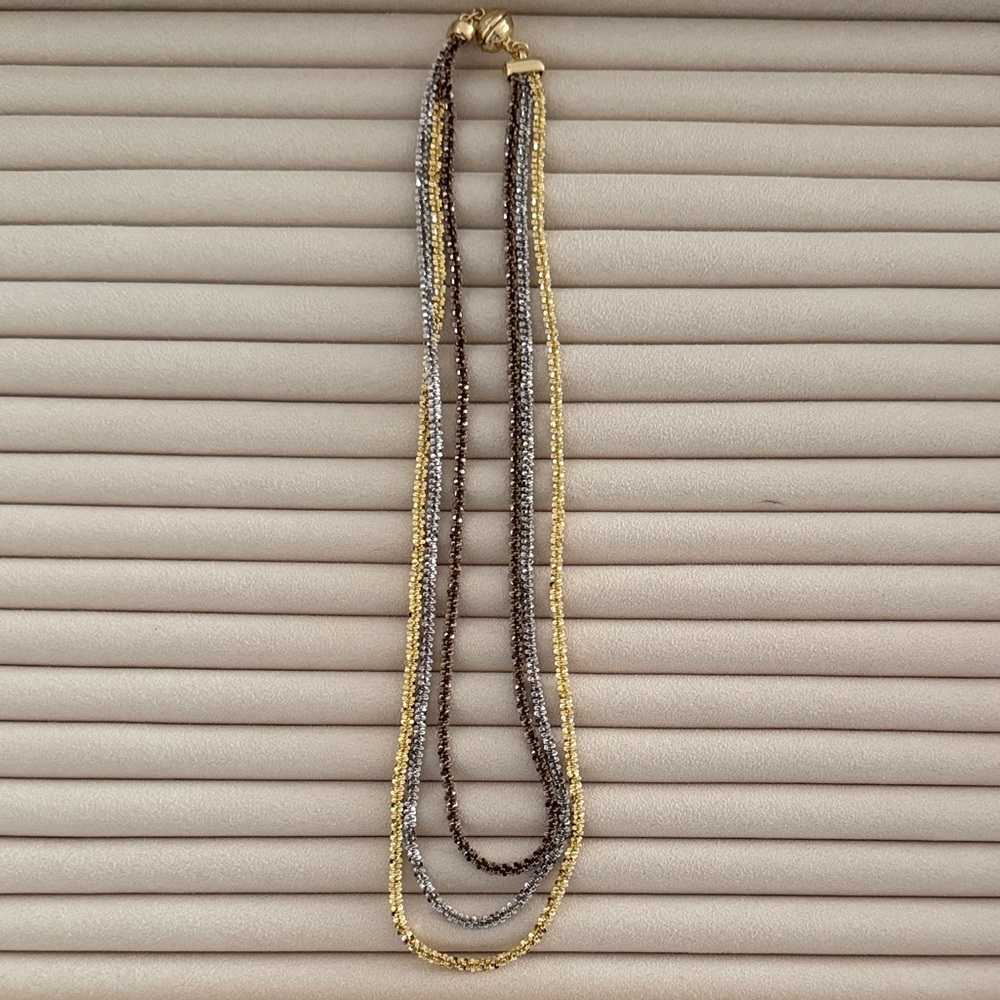 Multi-Strand Gold, Silver & Gunmetal Layered Necklace